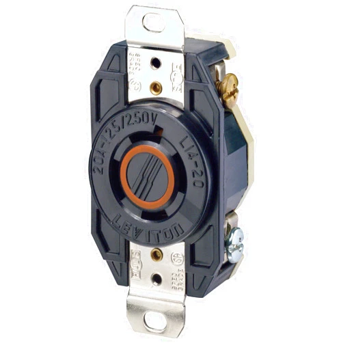 Leviton 2410 20 Amp, 125/250 Volt, Flush Mounting Locking Receptacle, Industrial Grade, Grounding, V-0-MAX, Black