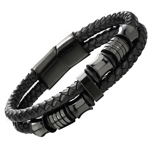 COOLSTEELANDBEYOND Mens Double-Row Braided Leather Bracelet Bangle Wristband with Black Stainless Steel Ornaments