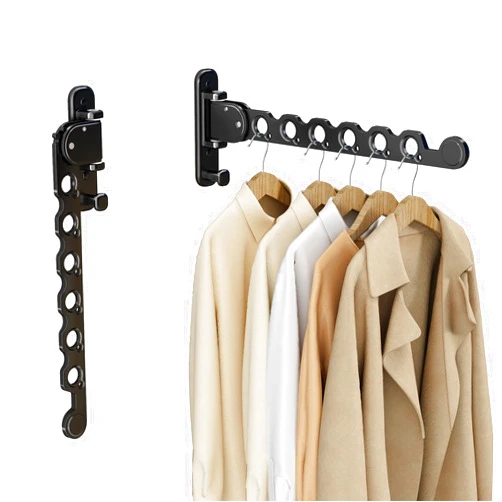 IMonse Wall Mounted Clothes Hanger Rack Folding Wall Mounted Clothes Hanger for Laundry With Swing Arm Space Saving Closet Storage Organizer Heavy Duty Coat Hook For Bathroom Bedroom Black 2-Pack