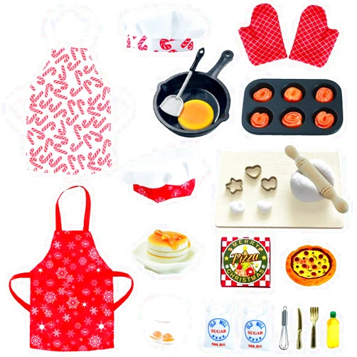 CAILESS Christmas Elf Accessories - 28Pcs Elf Doll Cooking Accessories Include Baker Outfit Mini Baking Props for Elf Dollhouse, Xmas Elf Clothes and Accessories Gift for Kids