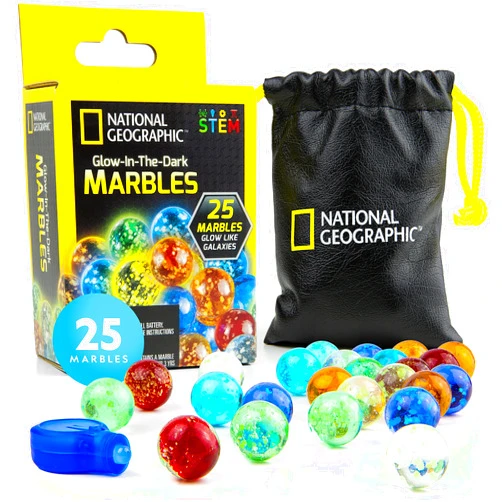 Blue Marble NATIONAL GEOGRAPHIC Glow in The Dark Marbles Refill – 25 Glass Marbles That Glow in The Dark, Includes Storage Pouch & UV Light, Marble Runs for Kids, Building Toys, Science Toys