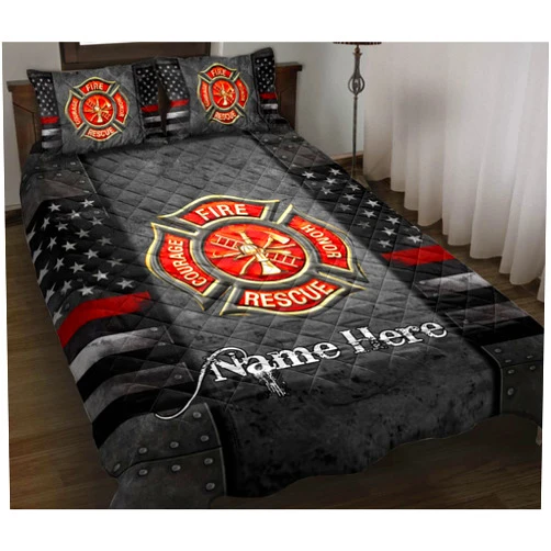 Ohaprints Custom Firefighter Thin Red Line, American Us Flag Personalized Name Quilt Blanket & Pillowcases, Quilts Bedding Set & Pillow Cover, King Queen Double Twin Throw Full Size Bedspread Bed Sets