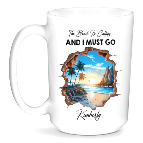 ELPSTORE The Beach Is Calling And I Must Go Mugs, Personalized Beach Landscape Travel Mug With Unique Hole Design, Customized White Coffee Cup Choose Name For Friends On Summer Vacation