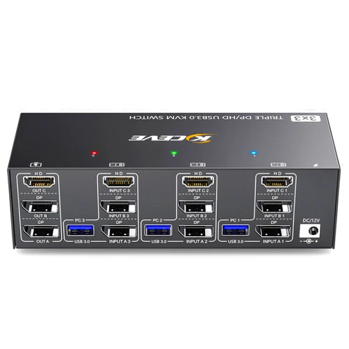 Camgeet KVM Switch 3 Monitors 3 Computers 8K@60Hz 4K@144Hz, Camgeet HDMI+2 Displayport KVM Switch Triple Monitor for 3 Computer Share 3 Monitor and 4 USB3.0 Devices,Wired Remote and 12V power adapter Included