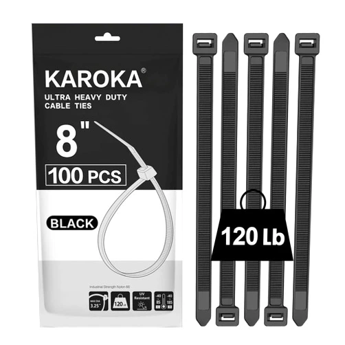 Karoka Zip Ties 8 inch Heavy Duty Zip Ties with 120 Pounds Tensile Strength, Black Cable Ties, 100 Pieces,by Karoka