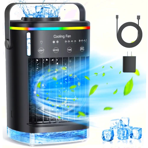 UDOGI Portable Air Conditioners, Personal Cooling Fan Air Conditioner Portable with 4 Wind Speed & 2 Mist Level & 2-8H Timer & 7 LED Light Mini Evaporative Air Cooler for Home Office Room, Black