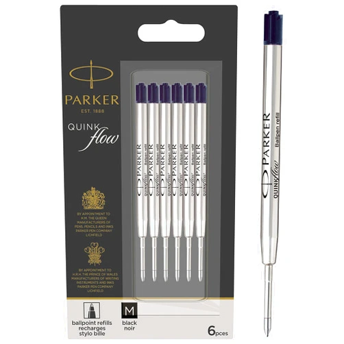 Parker QUINKflow Ballpoint Pen Refills Medium Point Black Ink 6 Count Value Pack - Compatible with Parker Jotter Pens