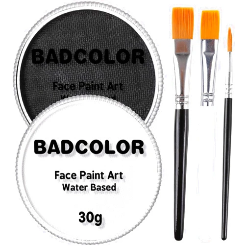 BADCOLOR Black & Clown White Face Body Paint with 3Pcs Painting Brushes, Water Based SFX Makeup Palette for Kids & Adults, Non-Toxic Facepaint for Halloween, Cosplay, Costume & Theater