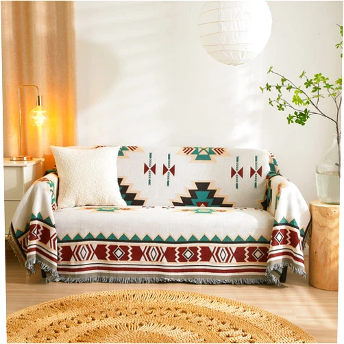 VClife Boho Sofa Couch Cover Beige Green Geometry Couch Cover for 3 Cushion Couch Sofa Durable Washable Sectional Sofa Cover Soft Cotton Linen Sofa Slipcover Furniture Protector Cover for Dog 71X134