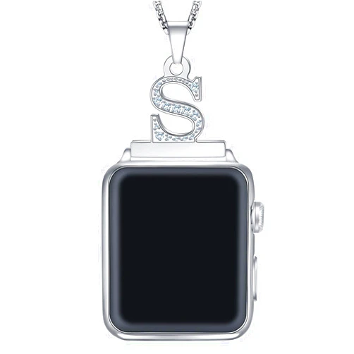 Callancity Watch Necklace Pendant Letter A-Z Watch Connector Adapter 2 in1 Stainless Steel Platinum Plated Box Chain Compatible for Apple Watch Series 8/7/6/5/4/3/2/1 38mm 40mm 41mm