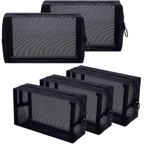 Sadnyy 5 Pieces Mesh Makeup Bag Portable Toiletry Bag Travel Mesh Cosmetic Bag Black Breathable Mesh Zipper Pouch for Home Offices Travel Accessories Organizer (8.3 x 4.7 x 3.1 Inch)