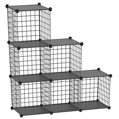 HUBSON Wire Cube Storage Organizer, 6-Cube Metal Grids Storage Shelf, Closet Cabinet, DIY Plastic cube Bookcase Modular Closet Cabinet for Bedroom, Living Room, Office, Black