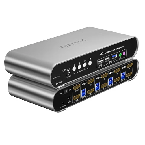 Terived 4 Computers 2 HDMI Monitor Automatic KVM Switch 8K@60Hz, Hotkey Switching, EDID, with Audio and Microphone, Aluminum Shell with Digital Display, USB 3.0 Hub, HDR10 with Cables