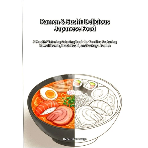 Fecit8 Art Vamps RyujiMiyake Ramen & Sushi: Delicious Japanese Food: A Mouth-Watering Coloring Book for Foodies Featuring Kawaii Bowls, Fresh Sushi, and Izakaya Scenes