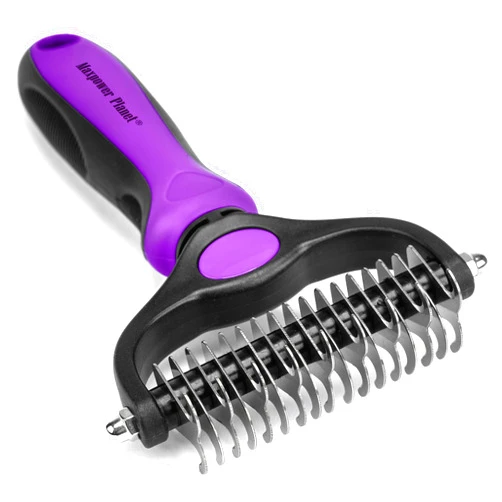 Maxpower Planet Pet Grooming Brush - Double Sided Shedding, Dematting Undercoat Rake for Dogs, Cats - Extra Wide Dog Grooming Brush, Dog Brush for Shedding, Cat Brush, Reduce Shedding by 95%, Purple