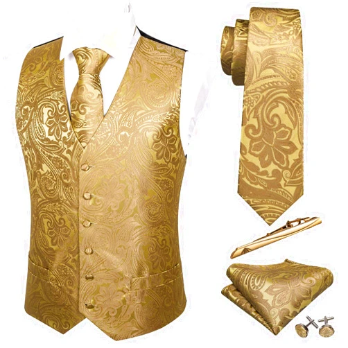 Barry.Wang Formal Men Vest Paisley Jacquard Silk Tie Suit Waistcoat Set Wedding 5PCS
