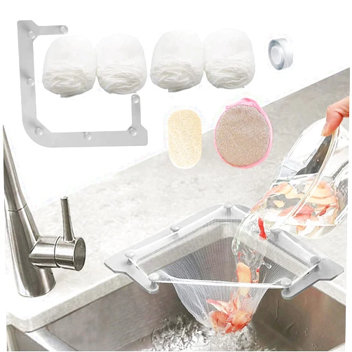 HiBD Kitchen Sink Triangle Tri-Holder Filter, Kitchen Sink Strainer, Sink Drain Strainer, with a Triangular Gray Rack and 200PCS Large Size Filtering Mesh Bags for Kitchen Leftover