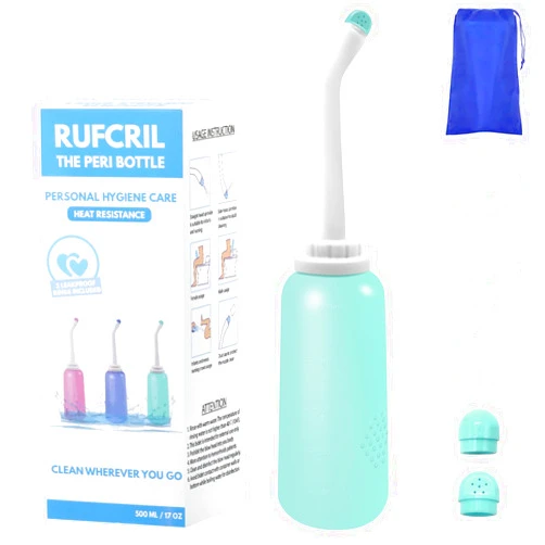 RUFCRIL Peri Bottle, Portable Travel Bidet with Bag, TPE Material Can Be Boiled, 17oz/500ml with 2 Sealing Rings,Essentials for Postpartum Perineal Care,Feminine Cleansing,and Baby(Green)