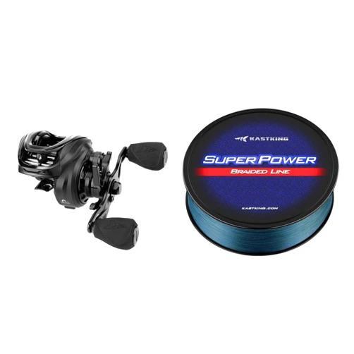 KastKing Zephyr Baitcasting Fishing Reel, Left Handed, Black & KastKing Superpower Braided Fishing Line, Gray, 15 LB, 150 Yds