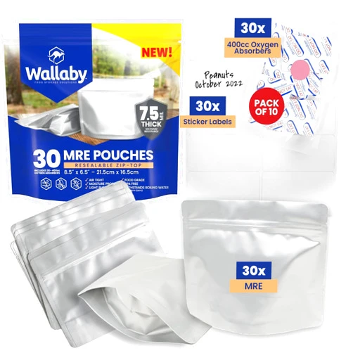 Wallaby 30 Count MRE Mylar Bags with 400cc Oxygen Absorbers, 15 Mil Total Thicker Long-Term Food Storage Pouches, 6.5x8.5 Stand-Up Zipper Heat-Sealable Airtight Packaging - Silver
