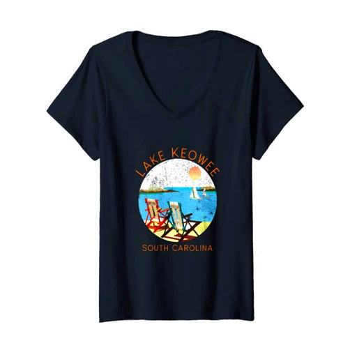 Lake Keowee Retro Souvenir Apparel Womens Retro Lake Keowee Souvenir - Vintage Lake Vacation V-Neck T-Shirt
