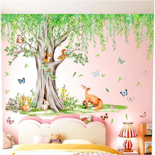 AM AMAONM Large Removable Watercolor Tree with Hanging Green Leaves Vine Wall Sticker Cartoon Animals Wall Decal Peel and Stick Flower Decor for Kids Bedroom Nursery Living Room