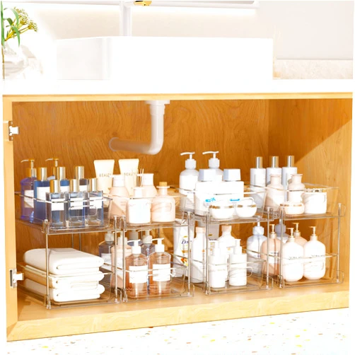 Vtopmart 2 Tier Bathroom Storage Organizer, Vtopmart 4 Pack Clear Under Sink Organizers Vanity Counter Storage Container, Medicine Cabinet Drawers Bins, Pull-Out Organization with Track for Pantry, Kitchen