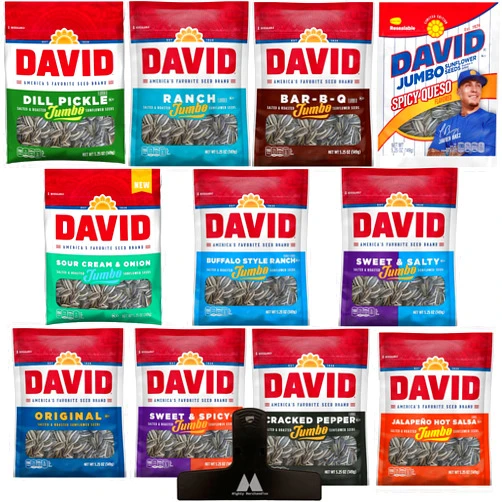 Mighty Merchandise David Sunflower Seeds Variety Pack - 11 Unique Flavors - 5.25 Ounces Per Bag - With Extra Large Mighty Merchandise Bag Clip