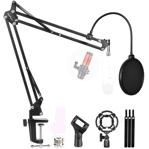 Luling Arts Microphone Stand for Blue Yeti, Quadcast Boom Arm Scissor Mic Stand with Windscreen and Double layered screen Pop Filter Heavy Duty Mic Boom Scissor Arm Stands, Broadcasting and Recording.Game