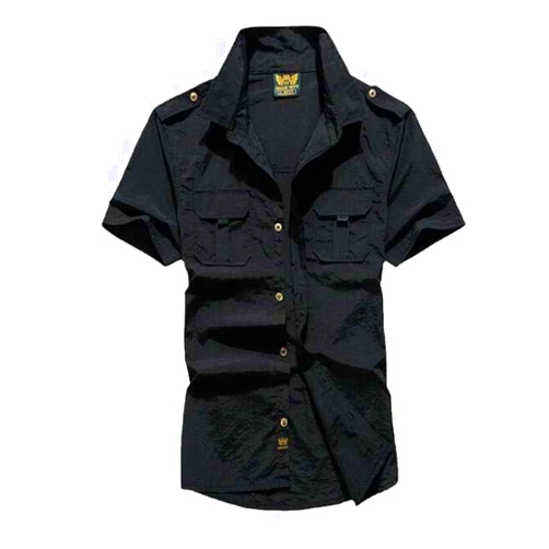 Aoleaky Men's Casual Black Military Shirt,Cotton,Short Sleeve,Solid Retro Vintage