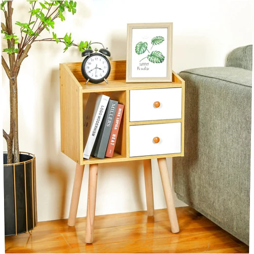 Yuyetuyo Bedside Table with Drawers, Night Stand Natural Mid Century Modern Nightstand with Open Storage Compartment and Solid Wood Legs Small End Table Side Table for Bedroom
