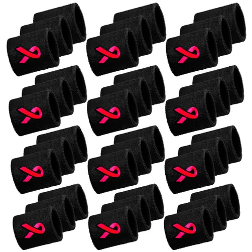 Meooeck 36 Pieces Breast Cancer Awareness Sweatband Pink Ribbon Wristbands Sports Sweatband for Football Basketball Baseball Running