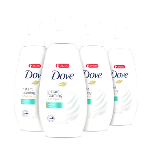 Dove Instant Foaming Body Wash 4 Count for Softer and Smoother Skin Sensitive Skin Effectively Washes Away Bacteria While Nourishing Your Skin 13.5 oz