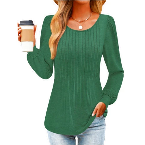 ZESICA Long Sleeve Shirts for Women Fall Tops Crew Neck Pleated Casual Tunic Blouses