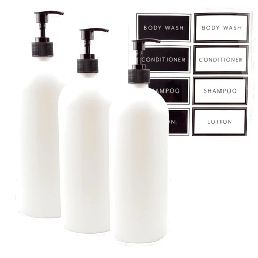 Cornucopia Brands Shower Pump Bottles (Set of 3, White); 32oz Plastic Pump Dispensers for Shampoo, Conditioner, and Body Wash