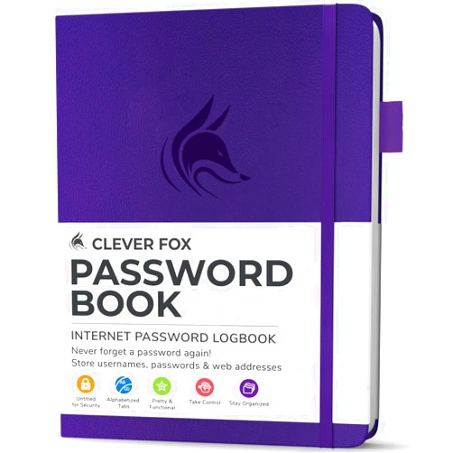 Clever Fox Password Book with alphabetical tabs. Internet Address Organizer Logbook. Small Pocket Password Keeper for Website Logins (Purple)