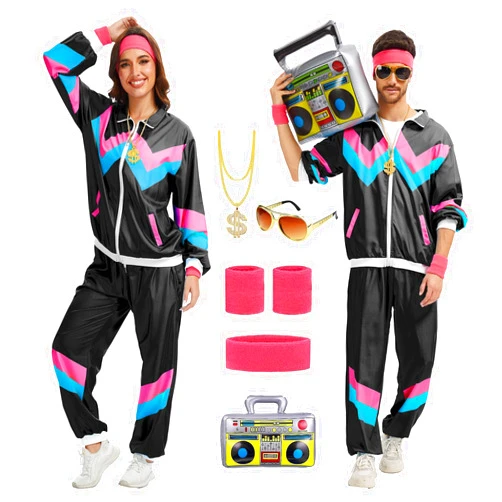PWQMGY 80s Outfit for Men Women-One Set 80s 90s Costumes with Accessories-Couples Track Suits for Halloween Carnival Party
