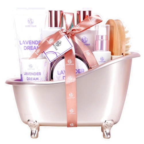 SPA LUXETIQUE WORLD Gift Baskets for Women, Spa Gifts for Women, Spa Luxetique 8 Pcs Gifts for Women, Luxury Bath Sets, Self Care Kit with Bubble Bath, Body Oil, Scented Candle, Birthday Gifts for Her (Lavender)