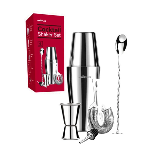 INNÔPLUS Cocktail Shaker, Martini Shaker, Drink Shaker, Cocktail Shaker Set 6 Piece, Boston Shaker, Bar Set, Cocktail Strainer, Bar tools, Bartender Kit, Stainless Steel Double Measuring Jigger, Mixing Spoon