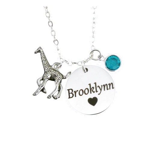 Madie's Charms Giraffe Necklace - Personalized Giraffe Jewelry - Name Disc - Silver - Girls Gifts - Custom - Birthstone - Unique