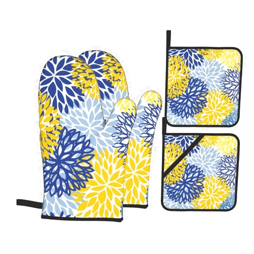 Opumxzb Yellow Flowers Oven Mitts and Pot Holders Sets 4 Pcs Set, Heat Resistant Dahlia Pinnata Navy Flower Turquoise Oven Gloves Hot Pad for Kitchen Cooking Baking BBQ