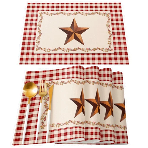 PRINT PICTURE ARTHOME Farmhouse Table Place mats Vintage Star Red Buffalo Plaid Placemats Set of 6, Washable American Native Country Placemat 19x13 Inch Rectangle Cloth Place Mat for Kitchen Dining Indoor Outdoor