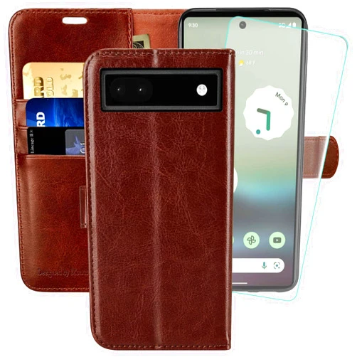 MONASAY Wallet Case Compatible for Google Pixel 6a,[RFID Blocking][Screen Protector Included] Flip Folio Leather Cell Phone Cover with Credit Card Holder, Brown