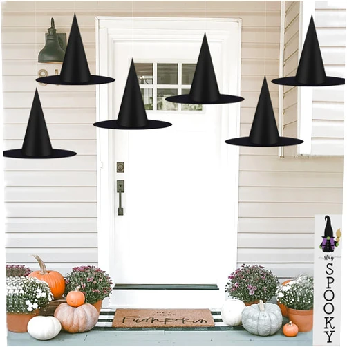 CESOF 6 Pcs Halloween Black Witches Hats Costume Accessory Decorations, Hanging Wizard Hats Bulk for Women Kids with 115ft Hanging Rope, Floating Front Porch Yard Indoor Outdoor Hats Decor Party Favors