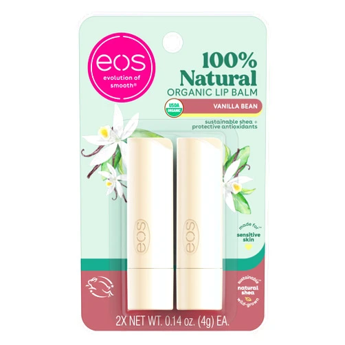 eos 100% Natural & Organic Lip Balm Sticks- Vanilla Bean, All-Day Moisture, Dermatologist Recommended, 0.14 oz, 2-Pack