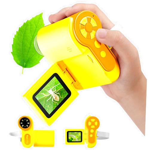 Barchrons Microscope for Kids, 1000X Pocket Handheld Microscope with 6 Adjustable LED Lights, 2'' LCD Screen Mini Microscope USB to PC for Kids 8-12, 32GB SD Card Including - Yellow
