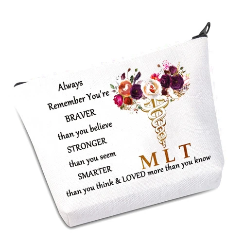 WZMPA Medical Lab Tech Caduceus Cosmetic Makeup Bag Medical Laboratory Technician Gift You Are Braver Stronger Smarter Than You Think MLT Makeup Zipper Pouch Bag For Medical Technologist (Always MLT)