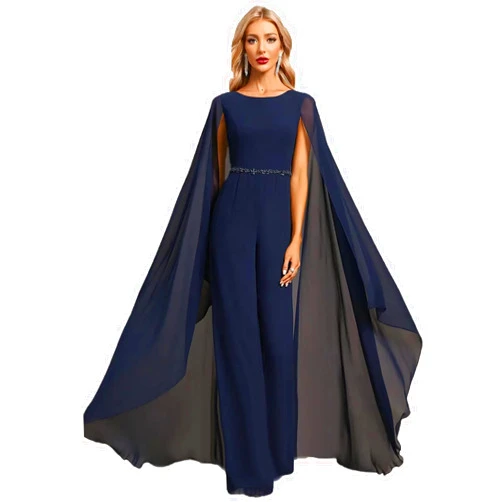VENNYNG Women's Formal Jumpsuit Scoop Floor Length Chiffon Evening Dress with Beaded Waist Mother of The Bride Pantsuit