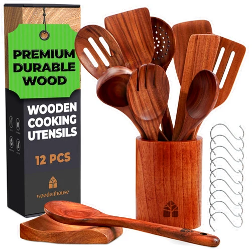 WOODENHOUSE LIFELONG QUALITY Wooden Spoons for Cooking – Wooden Cooking Utensils Set with Holder, Spoon Rest & Hooks, Teak Wood Nonstick Kitchen Cookware – Durable Set of 12pcs by Woodenhouse