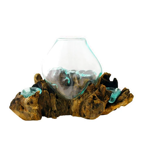 Cohasset Gifts 24cm Molten Glass Vessel with 2 Candle Holders on Gamal Wood